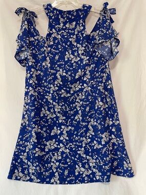 Gilli Cobalt Blue Dress with White Floral Print, cold shoulder flutter sleeves M